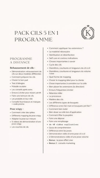 Pack full lash artist  5 en 1 – Cil à cil, Mixte & Volume Russe, pose Wispy,lash lift teinture  + Kit inclus ( à distance )