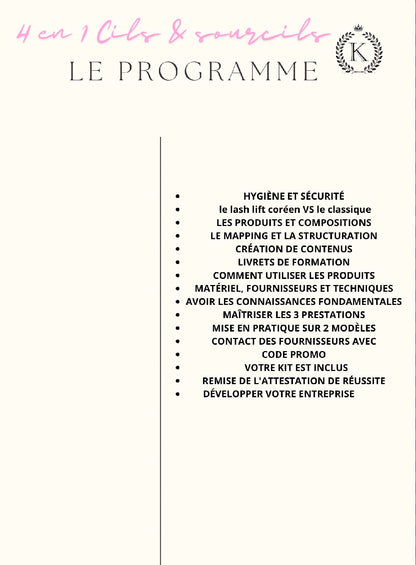 Pack 4 en 1 brows lift teinture hybride avec structuration des sourcils + Lash lift classique + lash lift coréen + kit inclus (à distance)