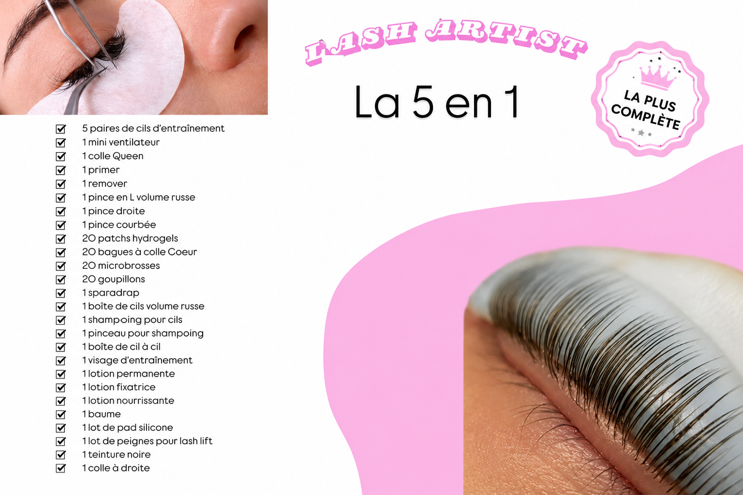 Pack full lash artist  5 en 1 – Cil à cil, Mixte & Volume Russe, pose Wispy,lash lift teinture  + Kit inclus ( à distance )
